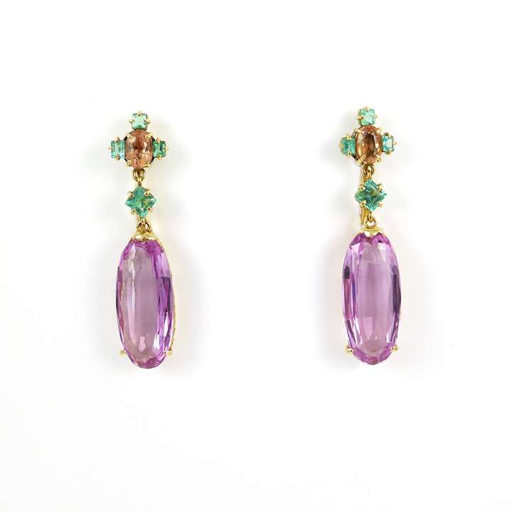 Pair of late 19th century pink topaz and gem set pendant earrings